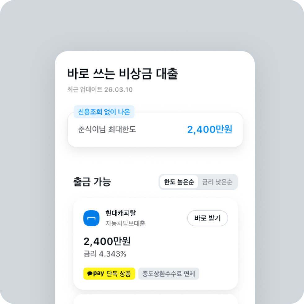 대출, 중도상환수수료, 중도상환수수료면제, 바로받는대출한도, 카카오페이대출, 신용대출, 자동차담보대출, 현대캐피탈, 금리인하, 대출갈아타기, 대출비교, 스마트금융, 재테크, 자금마련, 급전대출