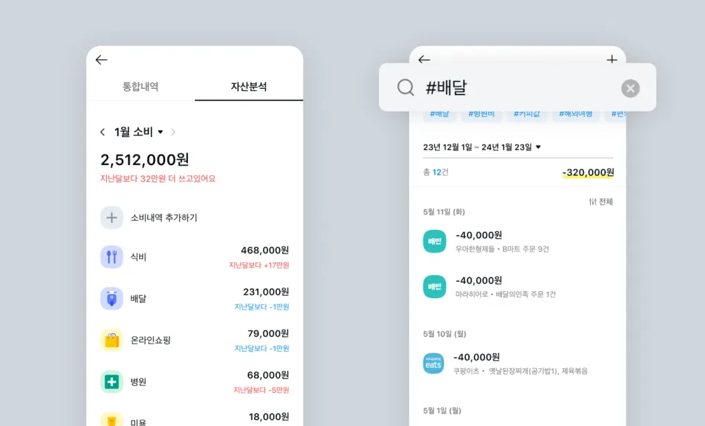 ‘자산’ 탭에서 [쓴 돈] – [자산분석]